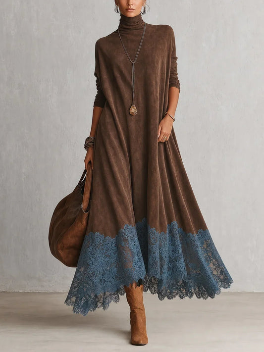 BRUNELLA | Vestido largo efecto ante con bajo de encaje