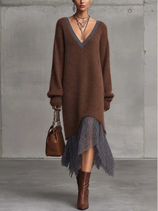 FIAMMA | Vestido midi de punto mohair marrón chocolate con bajo de encaje