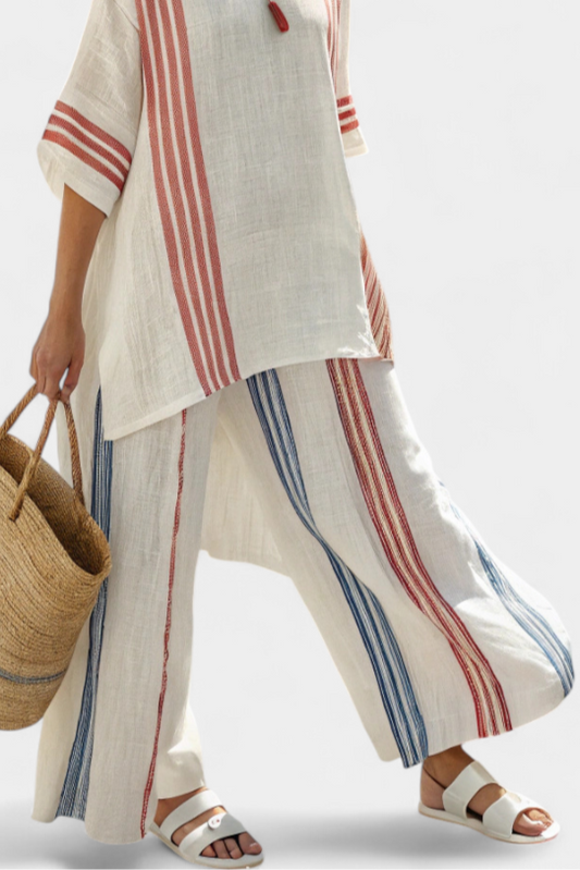 Solvane | Top sofisticado de rayas multicolor y pantalón mediterráneo