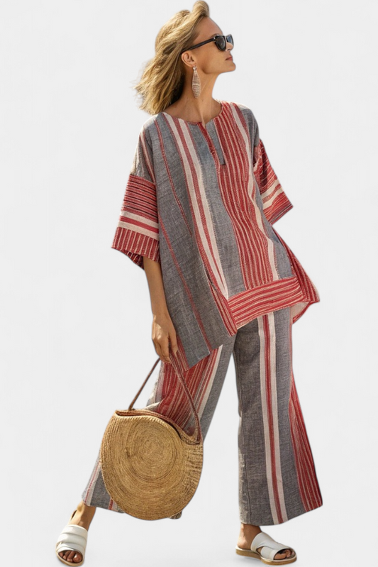 Bravine | Top elegante de lino coral y gris con pantalón de pierna ancha