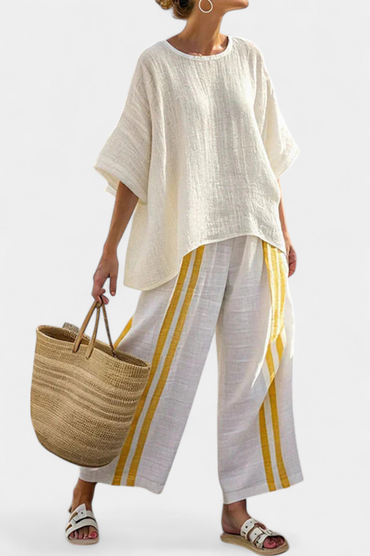Anselor | Top elegante de lino a rayas amarillas y pantalón de pierna ancha