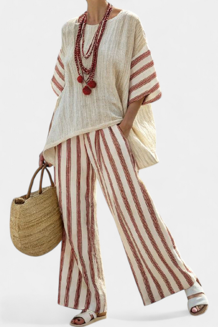 Braelith | Top elegante de rayas rústicas y pantalón de lino crema